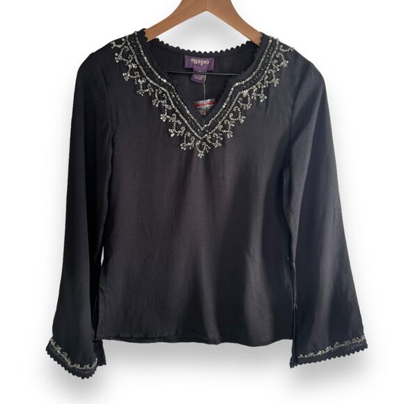 Agapo Tops - NWT-Agapo-Beaded Blouse-Tunic-Sequins-Black Silver-Made in India-Size Small